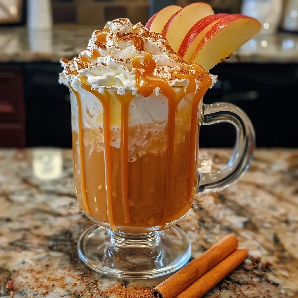 ['A close-up view of a glass filled with spiked caramel apple cider, showcasing a drizzle of caramel on top.', 'A side photo of a beverage, highlighting its rich golden color and caramel accents in a glass.', 'A detailed shot of spiked caramel apple cider in a glass, with visible caramel sauce and garnishes.', 'A visually appealing image of a drink featuring spiked caramel apple cider, emphasizing its inviting appearance.']