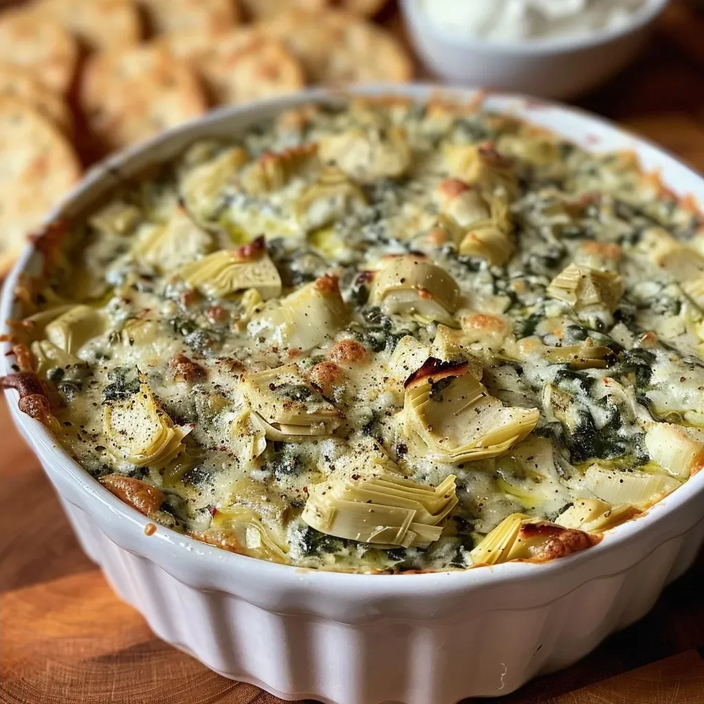 ['Close-up view of a creamy spinach and artichoke dip in a bowl, garnished with herbs.', 'Side angle of a cheesy spinach artichoke dip with a smooth texture and visible spinach pieces.', 'Appetizing spinach and artichoke dip displayed in a white serving dish with a golden crust.', 'Rich and creamy spinach artichoke dip served in a rustic bowl, with chips nearby for dipping.']
