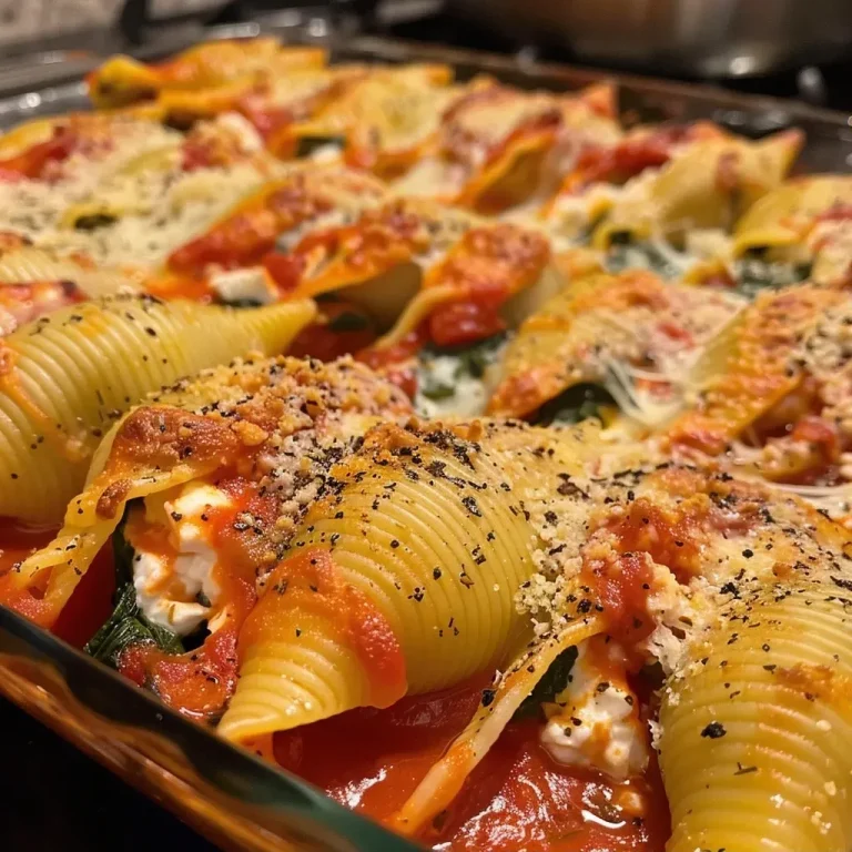 ['A close-up side view of stuffed pasta shells filled with spinach and ricotta, drizzled with sauce.', 'Juicy stuffed shells showcasing a spinach and ricotta filling, garnished with herbs.', 'Side view of baked stuffed shells topped with tomato sauce and gooey melted cheese.', 'A delicious arrangement of spinach and ricotta stuffed shells served on a plate.']