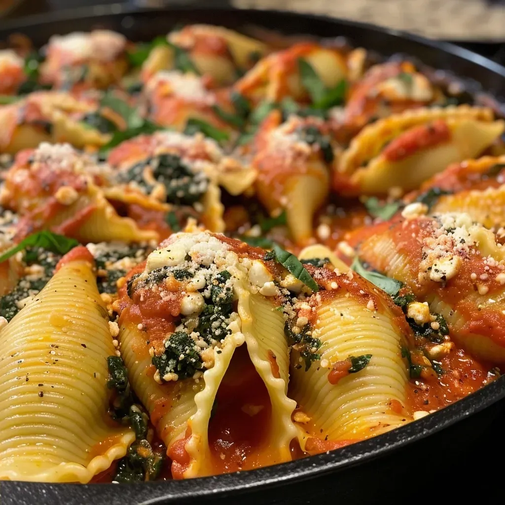 A close-up side view of stuffed pasta shells filled with spinach and ricotta, drizzled with sauce.