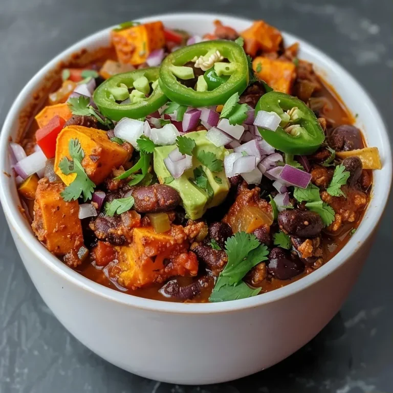 ['Close-up of a steaming bowl of Sweet Potato Black Bean Chili with colorful toppings.', 'A vibrant serving of Sweet Potato Black Bean Chili garnished with avocado and cilantro.', 'Side view of a hearty bowl of Sweet Potato Black Bean Chili filled with black beans and sweet potatoes.', 'A rich dish of Sweet Potato Black Bean Chili, showcasing diced ingredients and toppings.']