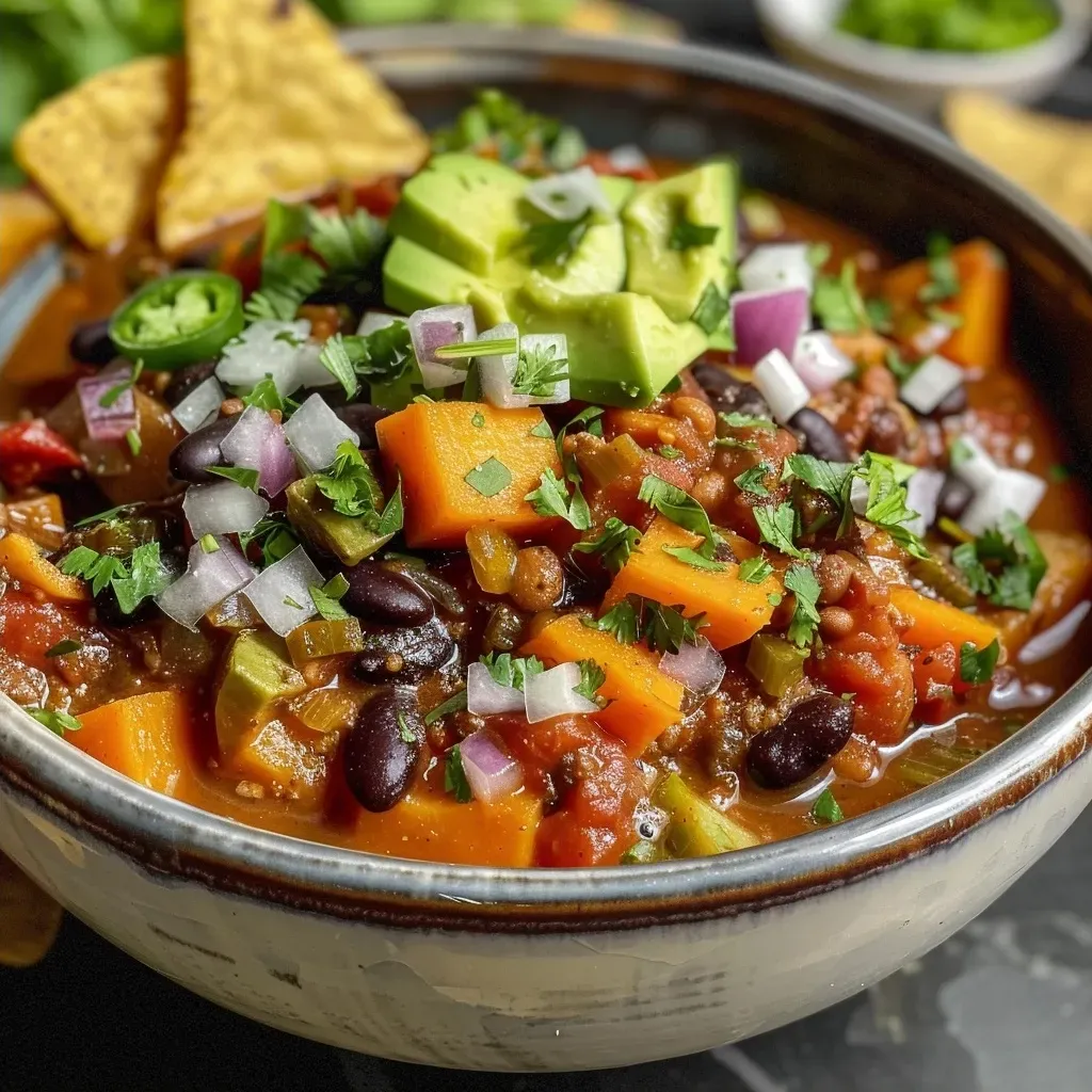 Close-up of a steaming bowl of Sweet Potato Black Bean Chili with colorful toppings.