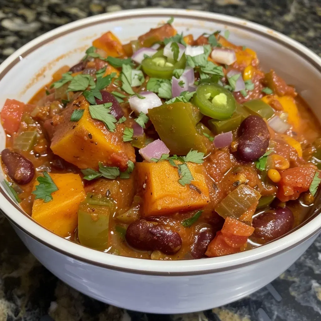 ['Close-up view of a bowl of Sweet Potato Chili with visible sweet potatoes and ground turkey.', 'Side view of a vibrant Sweet Potato Chili showcasing chunks of sweet potato and beans.', 'Juicy Sweet Potato Chili in a bowl, highlighting its colorful ingredients like tomatoes and corn.', 'Detailed shot of Sweet Potato Chili, featuring garnishes like cilantro and shredded cheese.']