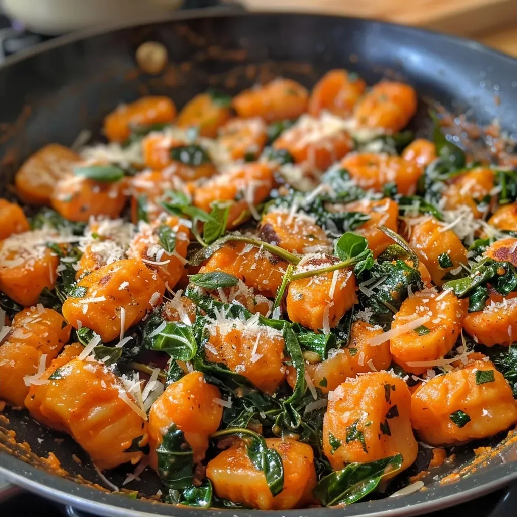 ['Close-up view of a skillet filled with sweet potato gnocchi, sausage, and spinach.', 'Juicy sweet potato gnocchi stir-fried with sausage and vegetables in a skillet.', 'Colorful sweet potato gnocchi dish with mushrooms and spinach in a frying pan.', 'Delicious sweet potato gnocchi skillet featuring fresh herbs and vibrant ingredients.']