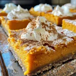 ['Close-up view of Sweet Potato Pie Bars topped with whipped cream and crushed pecans.', 'Side view of freshly baked Sweet Potato Pie Bars with a golden crust and cinnamon sugar topping.', 'Juicy Sweet Potato Pie Bars served with marshmallow fluff and a sprinkle of cinnamon.', 'Delicious Sweet Potato Pie Bars displayed on a plate, garnished with whipped cream and nuts.']