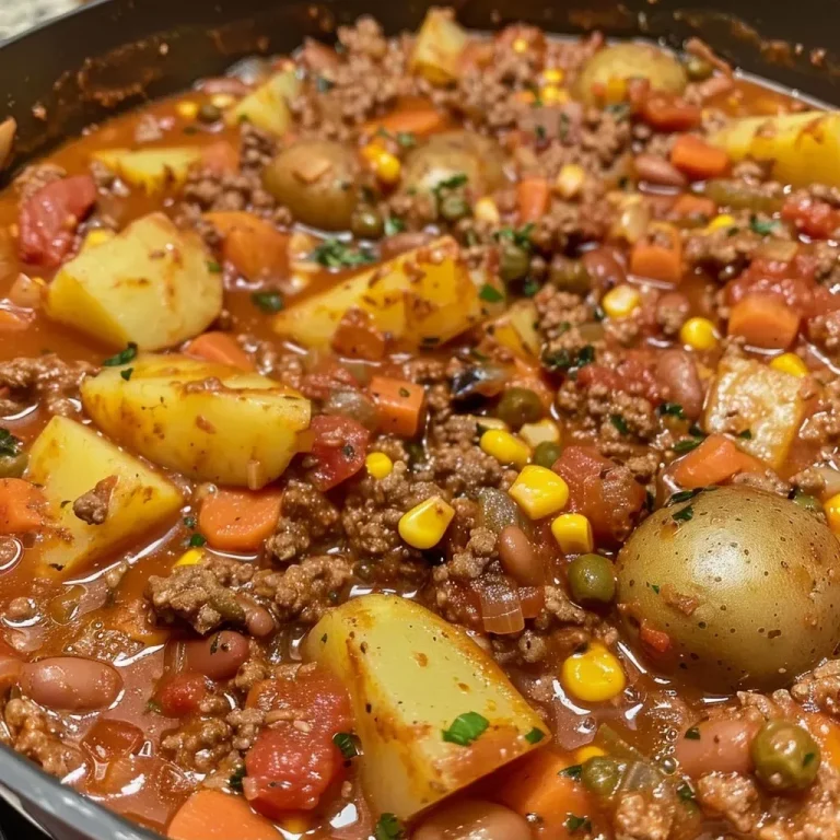 ['Close-up side view of a hearty bowl of Texas Cowboy Stew with visible ground beef and diced potatoes.', 'A deliciously steamy bowl of Texas Cowboy Stew showcasing sausage slices and beans.', 'Close-up of Texas Cowboy Stew in a rustic bowl, highlighting the vibrant colors of tomatoes and corn.', 'Savory Texas Cowboy Stew filled with vegetables and meat, presented in a close-up side view.']