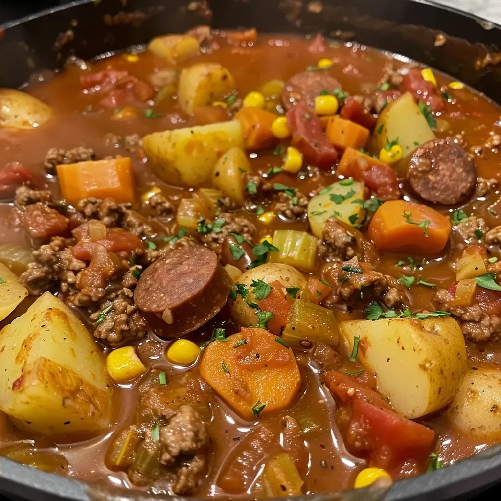 ['Close-up side view of a hearty bowl of Texas Cowboy Stew with visible ground beef and diced potatoes.', 'A deliciously steamy bowl of Texas Cowboy Stew showcasing sausage slices and beans.', 'Close-up of Texas Cowboy Stew in a rustic bowl, highlighting the vibrant colors of tomatoes and corn.', 'Savory Texas Cowboy Stew filled with vegetables and meat, presented in a close-up side view.']