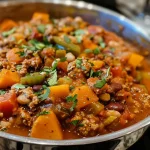 ['Close-up view of a savory bowl of turkey pumpkin chili with visible beans and spices.', 'Juicy Turkey Pumpkin Chili in a bowl, showcasing ground turkey, beans, and vibrant colors.', 'Side view of Turkey Pumpkin Chili, highlighting its rich texture and garnishes.', 'A hearty dish of Turkey Pumpkin Chili, emphasizing the layers of ingredients and spices.']