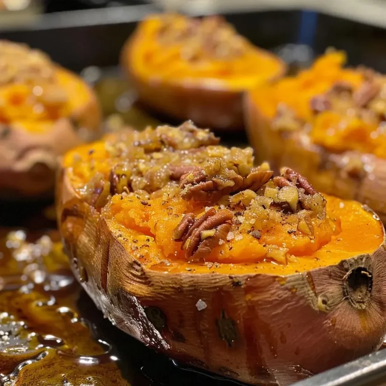 ['Close-up of twice baked sweet potatoes topped with pecans and brown sugar.', 'Side view of golden brown twice baked sweet potatoes with a crunchy topping.', 'Juicy twice baked sweet potatoes filled with creamy ingredients and sprinkled with cinnamon.', 'Deliciously baked sweet potatoes with a rich brown sugar and pecan topping.']