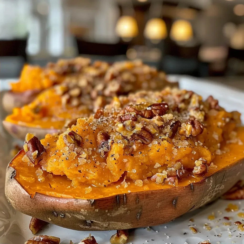 Close-up of twice baked sweet potatoes topped with pecans and brown sugar.