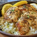 ['Close-up side view of a vibrant lemon herb chicken and rice dish.', 'Juicy chicken breasts garnished with herbs, served with fluffy rice in a pot.', 'Delicious meal featuring lemon herb chicken alongside cooked white rice.', 'Detail of a one pot lemon herb chicken and rice, showcasing juicy chicken pieces.']