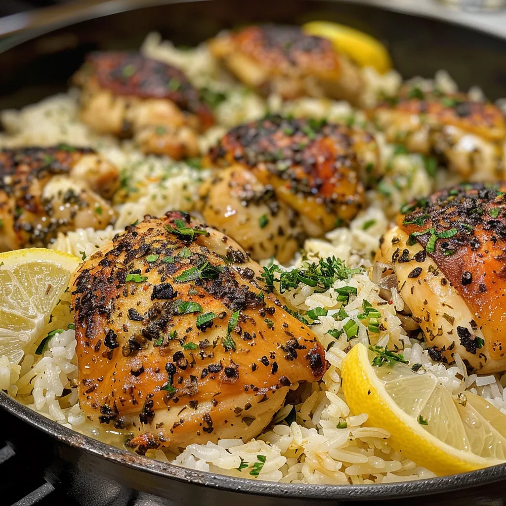 ['Close-up side view of a vibrant lemon herb chicken and rice dish.', 'Juicy chicken breasts garnished with herbs, served with fluffy rice in a pot.', 'Delicious meal featuring lemon herb chicken alongside cooked white rice.', 'Detail of a one pot lemon herb chicken and rice, showcasing juicy chicken pieces.']