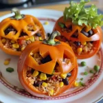["A close-up view of Halloween-themed orange bell peppers carved like Jack-O'-Lanterns, filled with colorful ingredients.", "Juicy orange bell peppers resembling Jack-O'-Lanterns, showcasing a mix of rice, beans, corn, and tomatoes.", 'Side view of carved orange peppers with spooky faces, filled with a vibrant mixture of rice and vegetables.', "Halloween Jack-O'-Lantern Peppers filled with a colorful medley of cooked rice and beans, displayed in a close-up shot."]