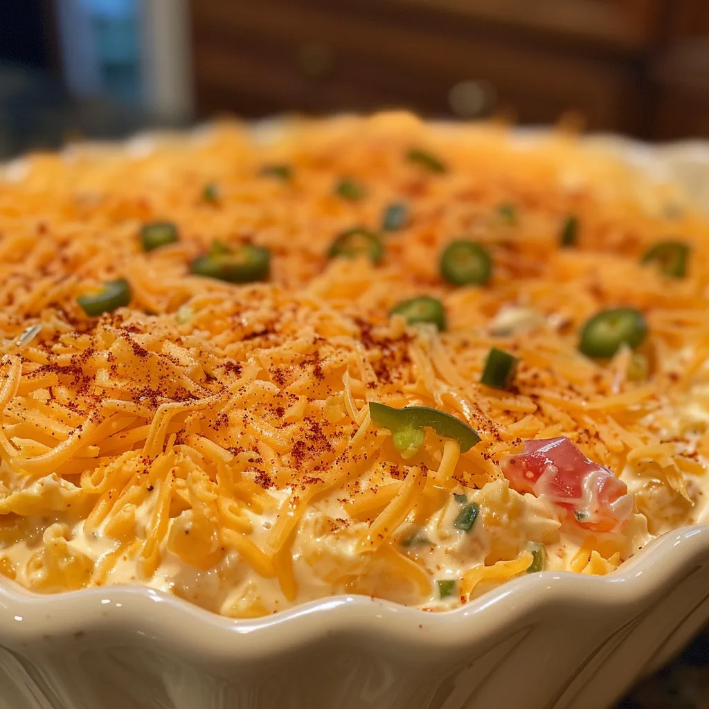 ['Close-up view of Southern Style Jalapeño Pimento Cheese in a bowl.', 'Side view of creamy Southern Style Jalapeño Pimento Cheese spread on a cracker.', 'Vivid image showcasing Southern Style Jalapeño Pimento Cheese with jalapeños and pimentos.', 'Appetizing Southern Style Jalapeño Pimento Cheese garnished with diced jalapeños.']
