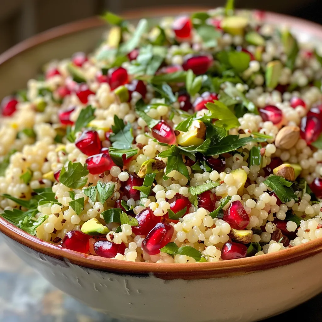 ['Close-up view of a colorful pomegranate couscous salad with fresh herbs and nuts.', 'Side angle of a vibrant couscous salad featuring pomegranate seeds and pistachios.', 'Detailed shot of a pomegranate couscous salad with green herbs and a lemon slice.', 'Richly colored pomegranate salad with couscous, nuts, and herbs in a bowl.']