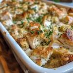 ['Close-up view of a Chicken Stuffing Bake, showcasing juicy chicken and golden stuffing.', 'Side angle of a hearty Chicken Stuffing Bake with creamy sauce and crispy topping.', 'Detailed shot of Chicken Stuffing Bake, featuring tender chicken breasts and flavorful stuffing.', 'Close-up of a baked dish filled with chicken, stuffing, and a rich creamy sauce.']