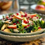 ['Close-up of a vibrant Autumn Kale Harvest Salad with colorful apple slices and pomegranate seeds.', 'Side view of a fresh salad featuring Lacinato kale, baby arugula, and topped with slivered almonds.', 'Detailed image of an Autumn salad showcasing honeycrisp apples and a drizzle of apple cider vinaigrette.', 'Visually appealing salad with greens, pomegranate seeds, and a honey drizzle on top.']