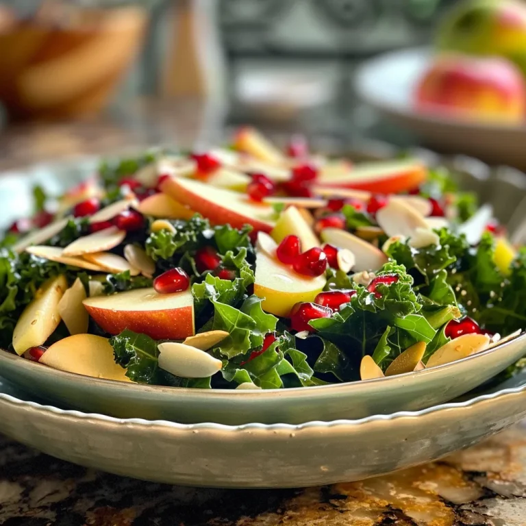 ['Close-up of a vibrant Autumn Kale Harvest Salad with colorful apple slices and pomegranate seeds.', 'Side view of a fresh salad featuring Lacinato kale, baby arugula, and topped with slivered almonds.', 'Detailed image of an Autumn salad showcasing honeycrisp apples and a drizzle of apple cider vinaigrette.', 'Visually appealing salad with greens, pomegranate seeds, and a honey drizzle on top.']