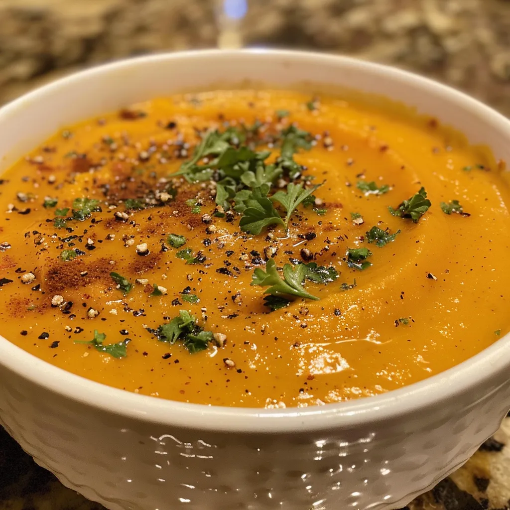 ['A close-up of a creamy sweet potato bisque in a bowl, garnished with herbs.', 'Side view of sweet potato bisque showcasing its smooth texture and warm color.', 'An inviting bowl of sweet potato bisque, highlighting its rich orange hue.', 'Creamy sweet potato bisque served in a rustic bowl, with visible seasoning.']