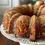 ['Close-up side view of a luscious Vegan Apple Cider Bundt Cake with a smooth glaze.', 'A slice of Vegan Apple Cider Bundt Cake showcasing its moist texture and apple bits.', 'Delicious Vegan Apple Cider Bundt Cake drizzled with icing, featuring warm spices and diced apples.', 'Side angle of a perfectly baked Vegan Apple Cider Bundt Cake displaying its rich, golden-brown crust.']