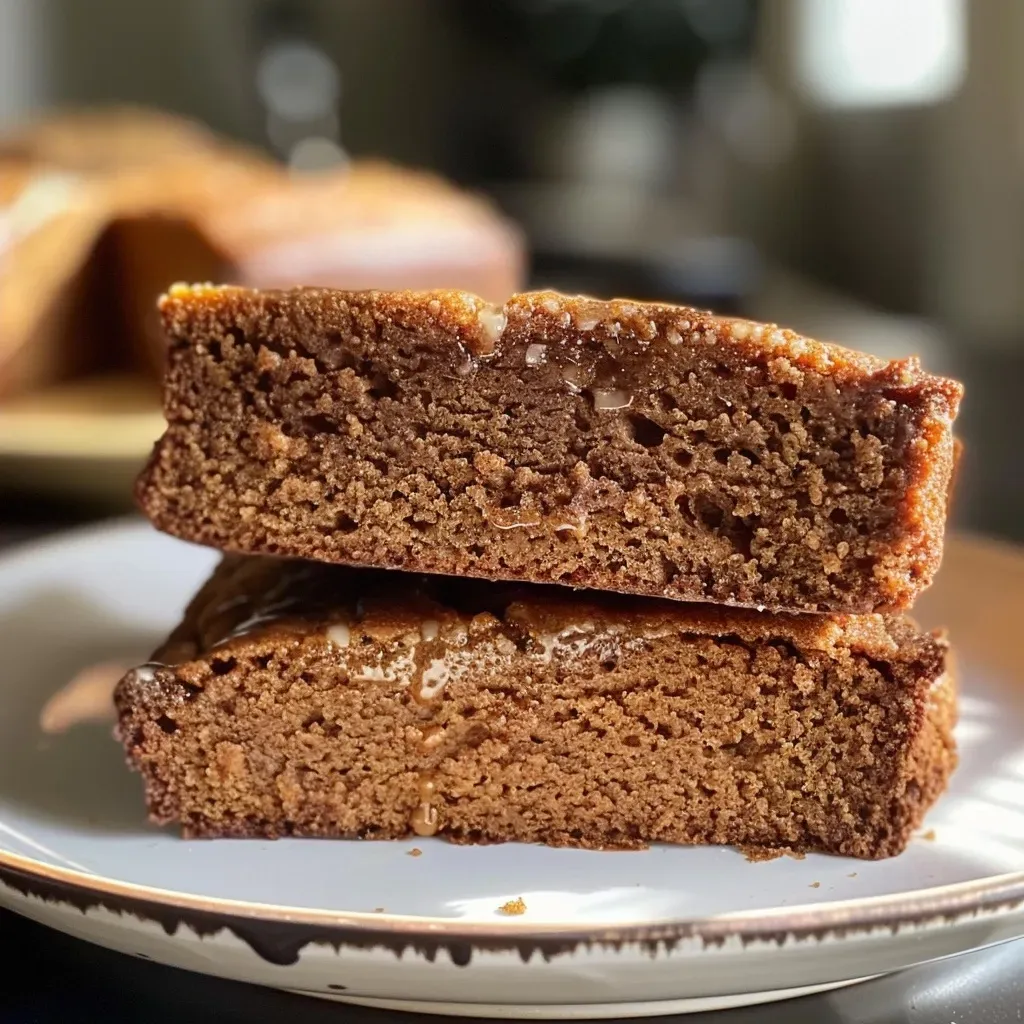 ['Close-up view of a moist vegan gingerbread loaf on a plate.', 'Slice of vegan gingerbread loaf with icing and spices on a wooden table.', 'Side view of a sliced vegan gingerbread loaf with a creamy topping.', 'Juicy and fluffy vegan gingerbread loaf with a dusting of powdered sugar.']