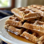['Close-up view of golden-brown vegan gluten-free chai spiced waffles drizzled with maple syrup.', 'Side angle of fluffy waffles topped with a sprinkle of cinnamon and a rich syrup glaze.', 'A stack of warm vegan chai spiced waffles displayed invitingly on a plate, accented with spices.', 'Delicious vegan gluten-free chai spiced waffles served with a light coconut milk topping.']