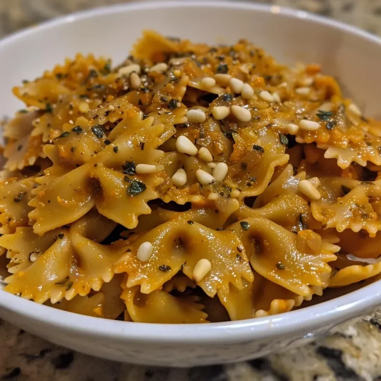 ['A close-up view of creamy vegan pumpkin pasta topped with pine nuts and fresh sage.', 'Side angle of a bowl featuring vegan pumpkin pasta with a vibrant orange sauce and pasta shapes.', 'Detailed shot of vegan pumpkin pasta garnished with pine nuts and herbs, with a rustic bowl.', 'Close-up of a delicious serving of vegan pumpkin pasta, showcasing its rich texture and ingredients.']