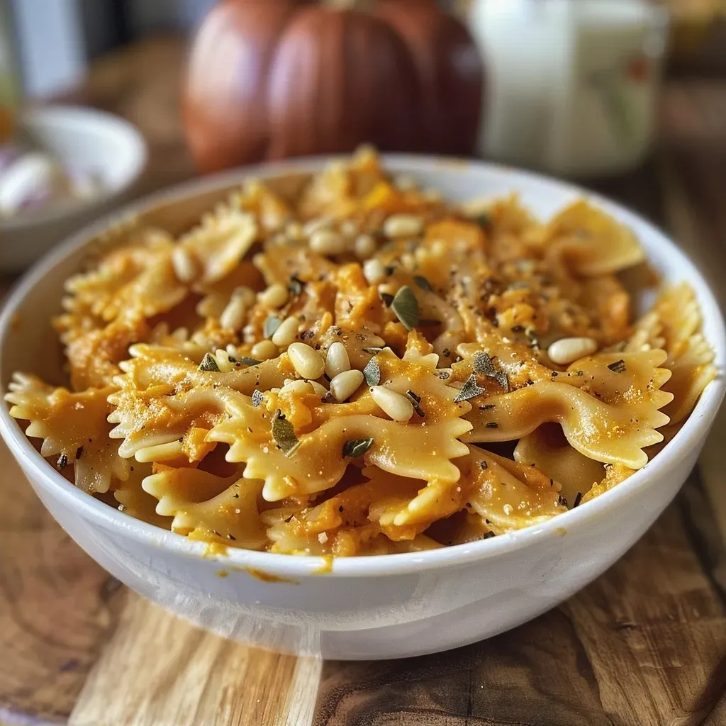 A close-up view of creamy vegan pumpkin pasta topped with pine nuts and fresh sage.