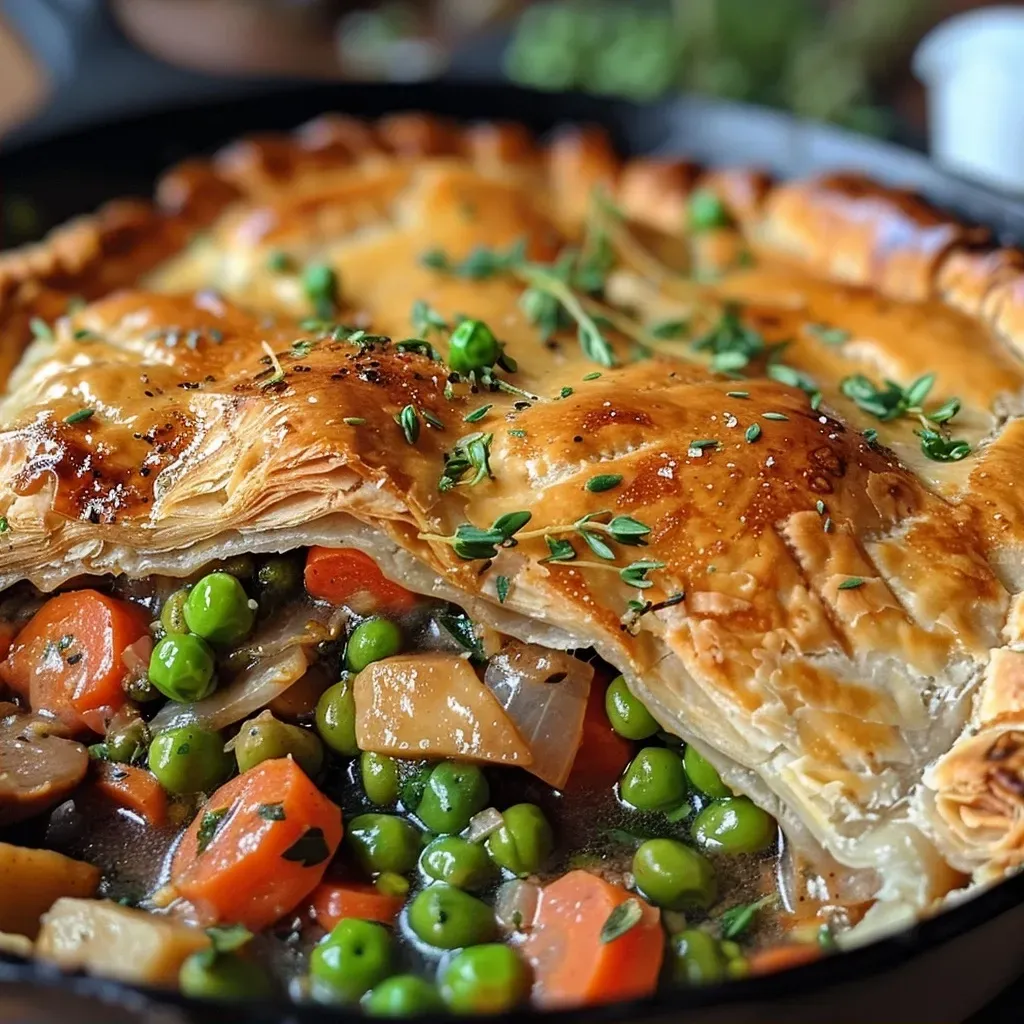 ['Close-up of a skillet filled with vegetable pot pie, featuring a golden-brown cheddar biscuit topping.', 'Side view of a bubbling vegetable pot pie in a skillet, topped with crispy cheddar biscuits.', 'Juicy vegetable pot pie served in a skillet, showcasing its flaky cheddar biscuit crust.', 'A delicious-looking vegetable pot pie in a skillet, garnished with melted cheddar cheese on top.']