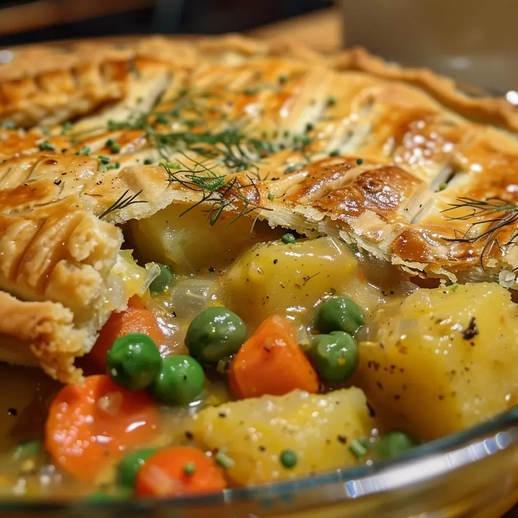 A close-up side view of a vegetarian pot pie with a golden-brown crust.