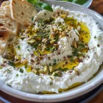 ['Creamy whipped feta dip topped with honey and garnished with pistachios.', 'Close-up view of whipped feta and honey, beautifully drizzled and garnished.', 'Side view of a inviting whipped feta dip served in a bowl, with honey and nuts.', 'Rich whipped feta with a glossy layer of honey and green chives sprinkled on top.']
