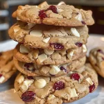 ['Close-up view of freshly baked white chocolate cranberry cookies with melted chocolate chips.', 'Side profile of golden brown white chocolate cranberry cookies with dried cranberries visible.', 'Juicy white chocolate cranberry cookies displayed on a rustic background with a soft focus.', "Delicious assortment of white chocolate cranberry cookies highlighting the cookie's textures and ingredients."]
