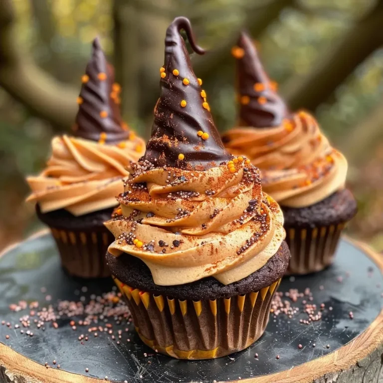 ['Close-up view of Witch Hat Cupcakes with chocolate bases and wafer cones.', 'Side view of Witch Hat Cupcakes showcasing their chocolate frosting and decorative hats.', 'Juicy Witch Hat Cupcakes displayed, featuring a cone on top and vibrant frosting.', 'Delicious Witch Hat Cupcakes with a glossy finish and playful cone hats, captured in detail.']