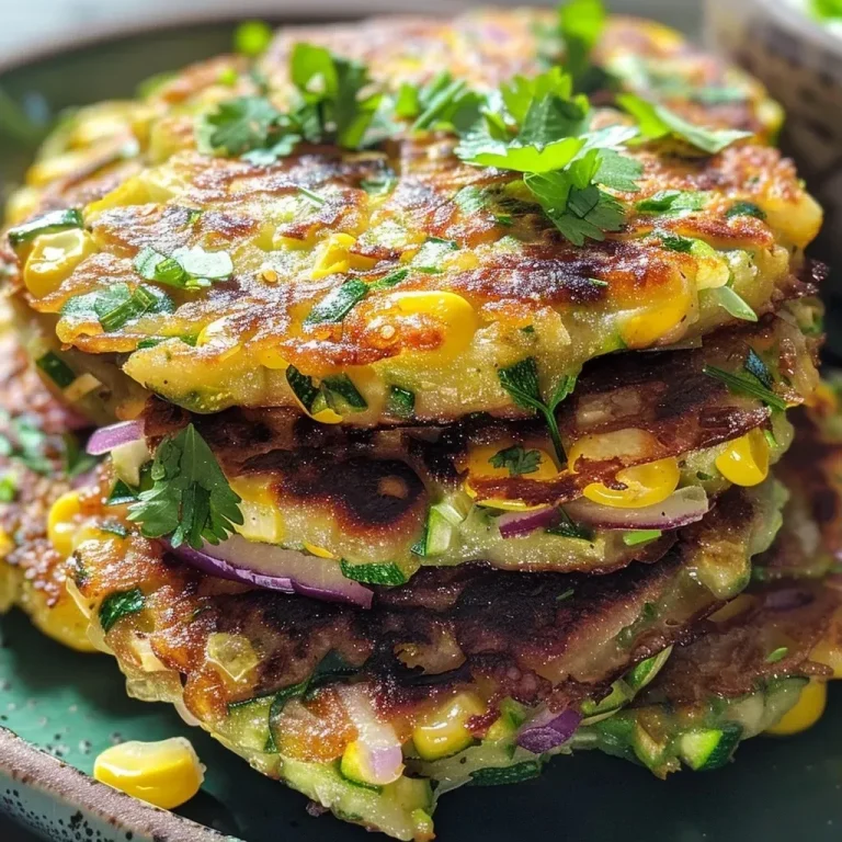 ['Close-up view of golden-brown zucchini corn fritters, garnished with fresh herbs.', 'Side view of juicy zucchini corn fritters, showcasing their crispy exterior and vibrant ingredients.', 'A plate of zucchini corn fritters, featuring a textured surface and a hint of green from cilantro.', 'Delicious zucchini corn fritters with visible corn kernels, served with a dollop of yogurt sauce.']