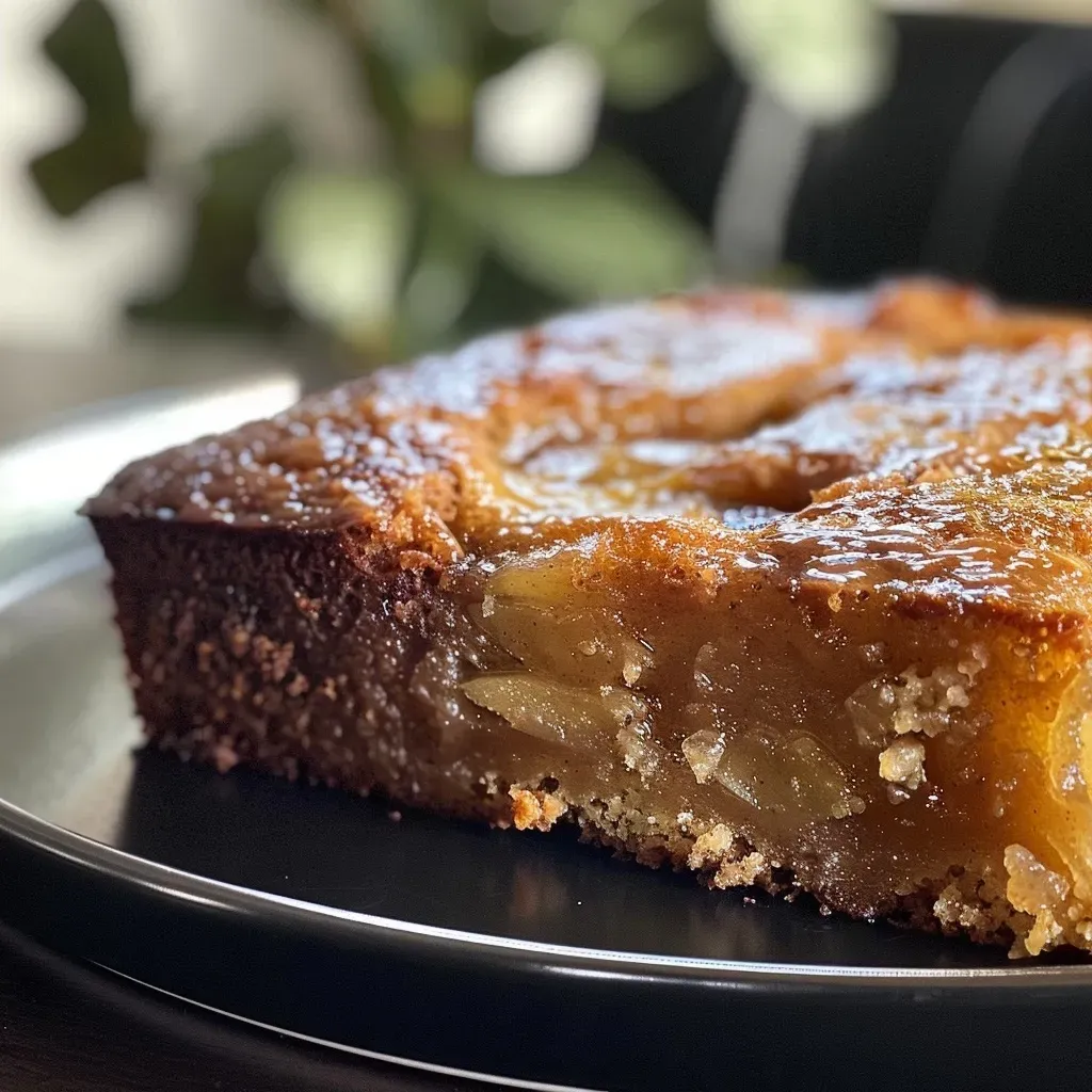 A detailed view of a freshly baked apple cider cake, showcasing its glistening surface.