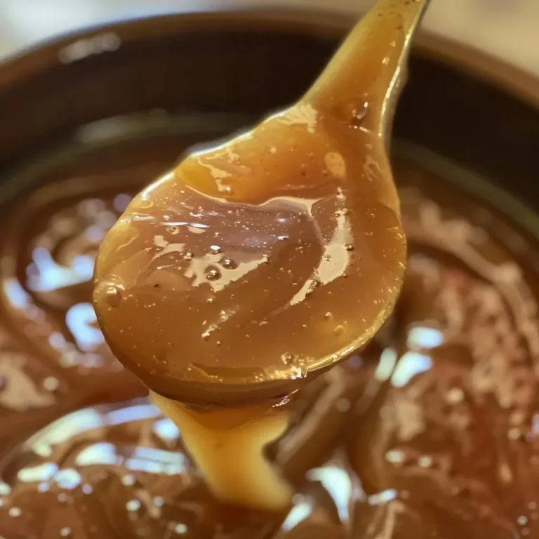 Sweet Memories in a Jar: Crafting Apple Cider Caramel Sauce A side view of a jar filled with glossy, golden apple cider caramel sauce.