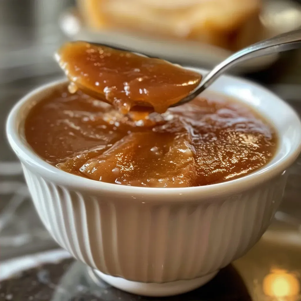 Close-up of rich apple cider caramel sauce poured into a glass container, showcasing its smooth texture.
