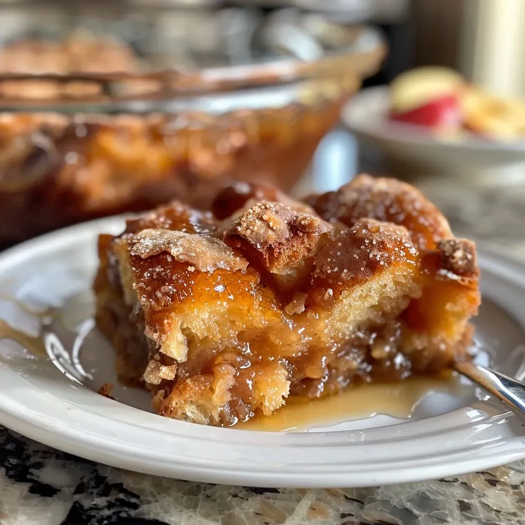 Side view of apple cider donut bread pudding, revealing a golden crust and chunks of Granny Smith apples.