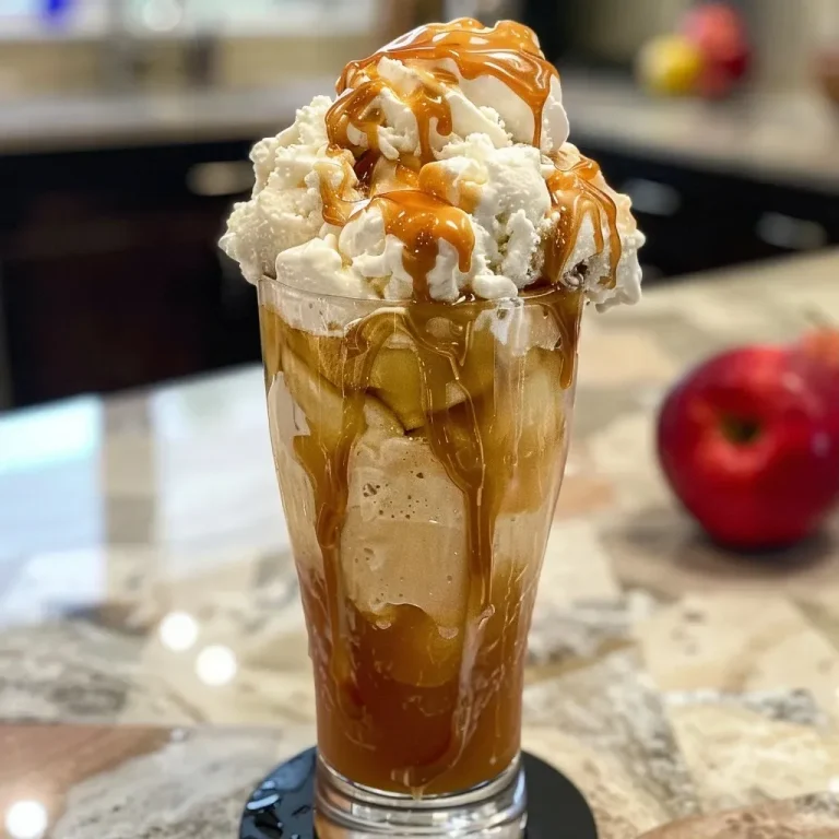 Sipping Memories: The Apple Cider Float That Brings Us Together Close-up view of a frosty glass filled with Apple Cider Float topped with whipped cream and caramel drizzle.