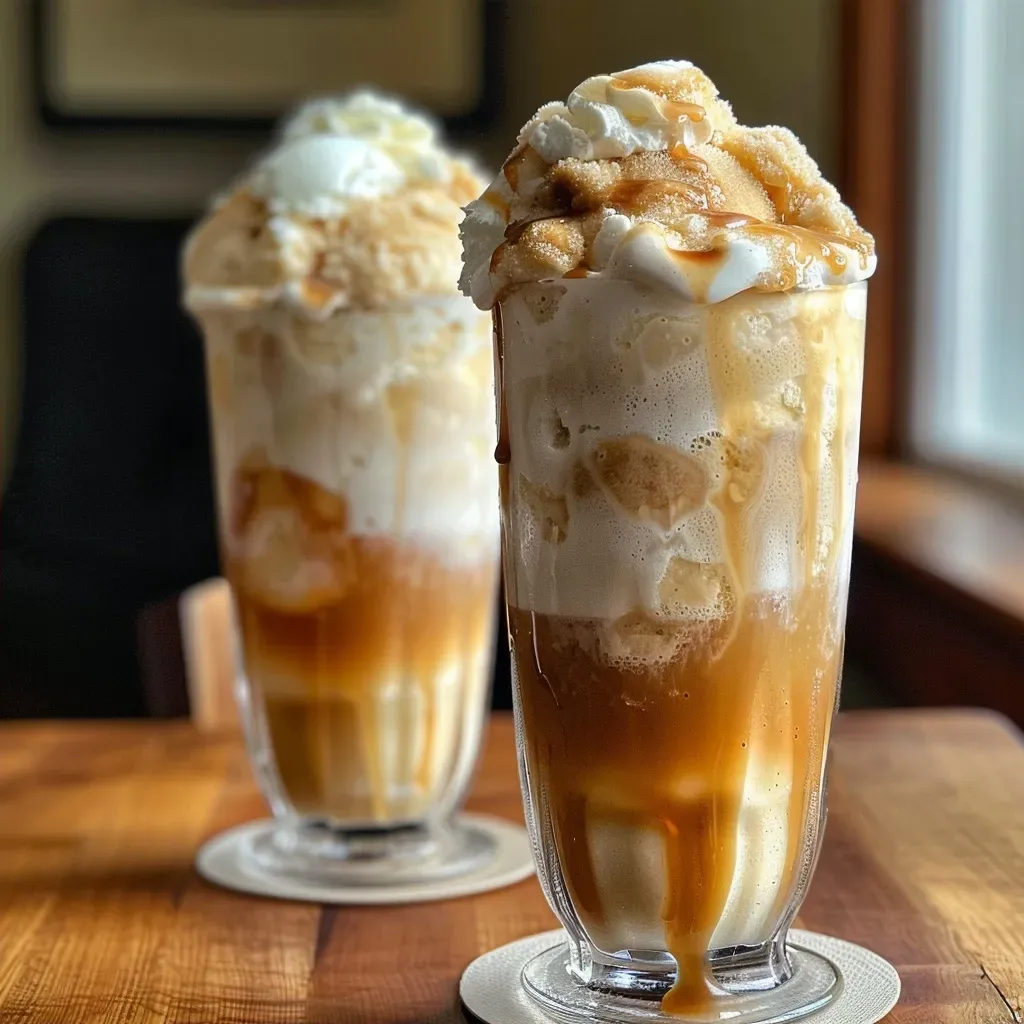 Side angle of a refreshing Apple Cider Float with layers of vanilla ice cream and apple cider, garnished with caramel.