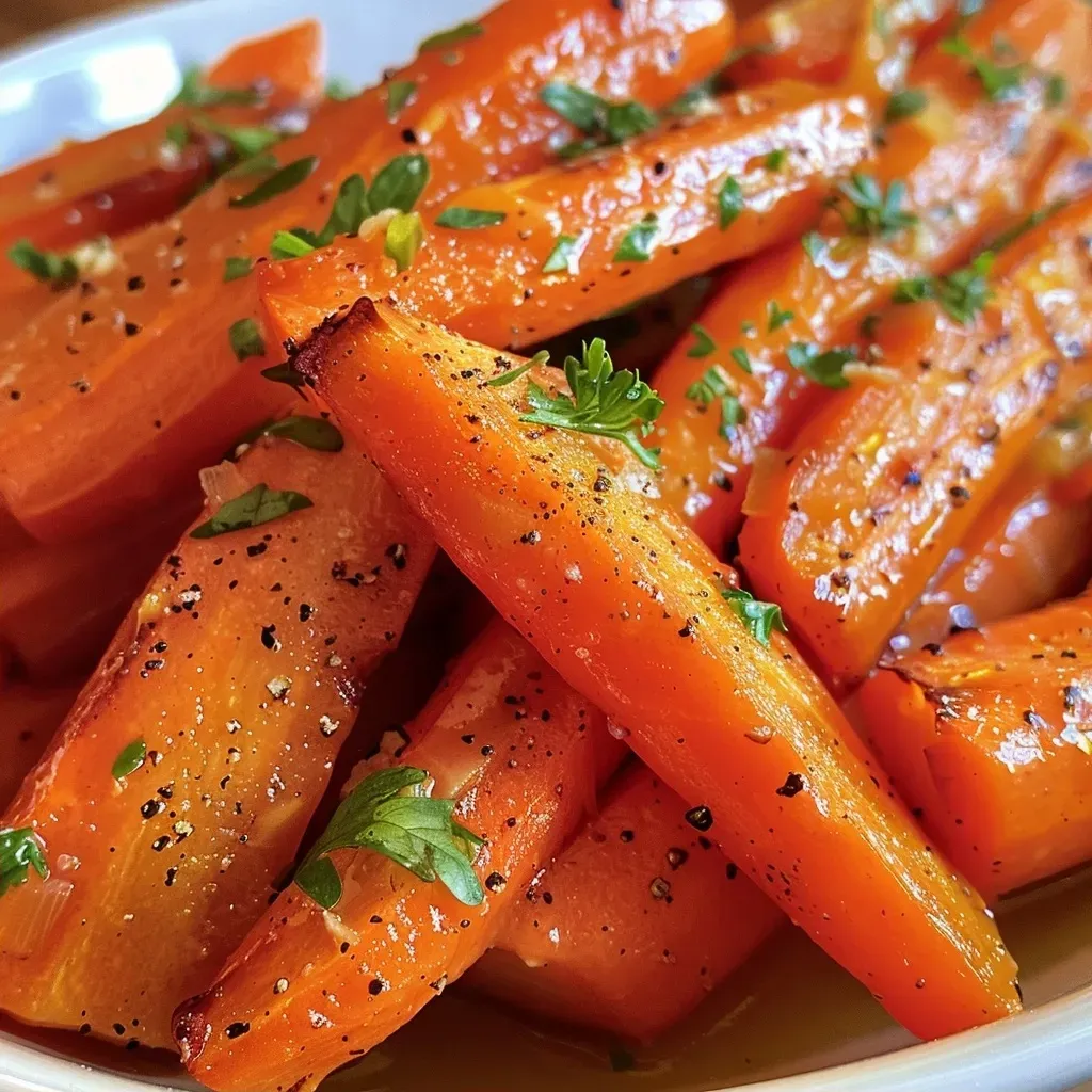 Side view of juicy apple cider glazed carrots garnished with sliced onions.