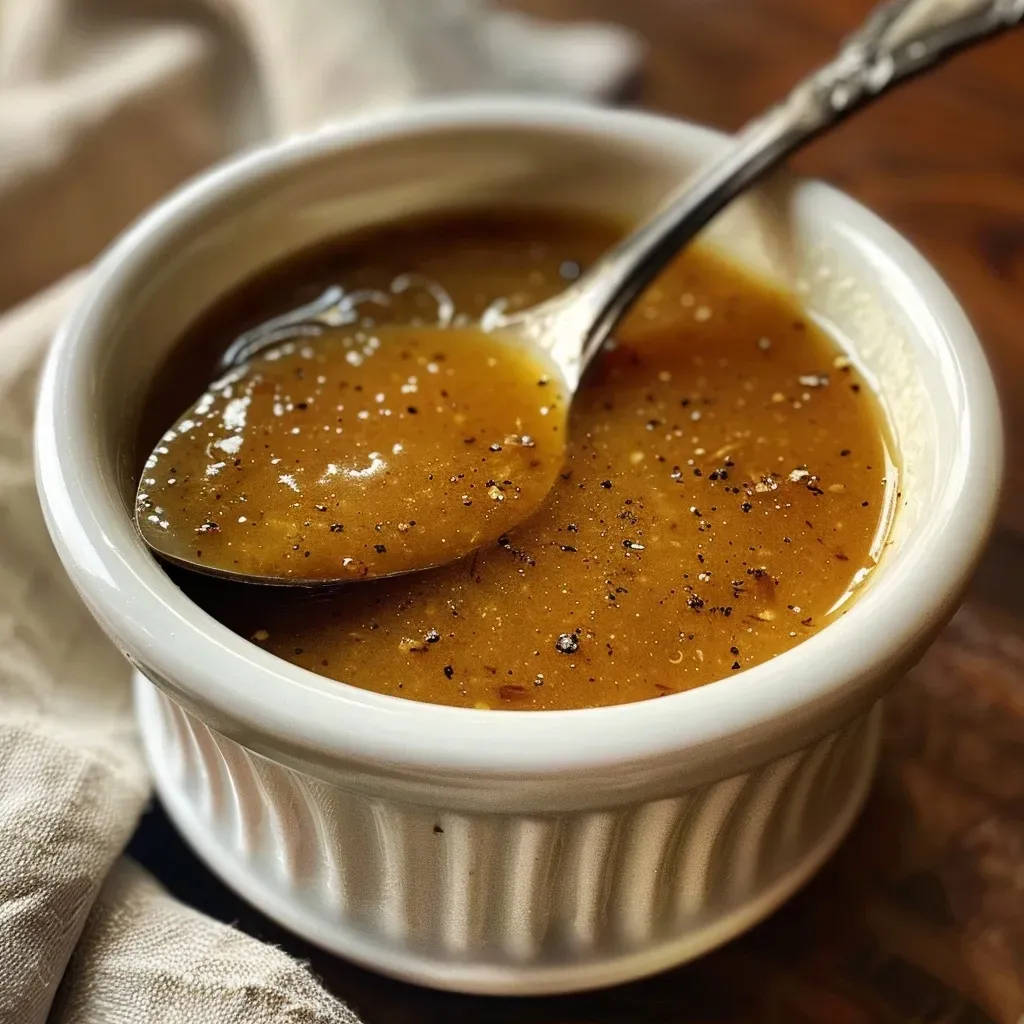 Side view of a jar filled with apple cider vinaigrette, showcasing its texture.