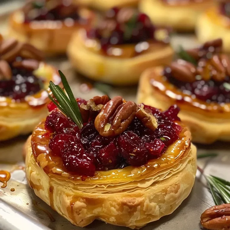 Tartlets of Love: Baked Brie and Cranberry Magic Close-up side view of Baked Brie and Cranberry Tartlets with golden crescent rolls.