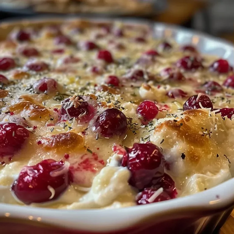 Gather ‘Round: A Baked Cranberry Dip That Invites Connection Close-up view of a creamy Baked Cranberry Dip with fresh cranberries on top.