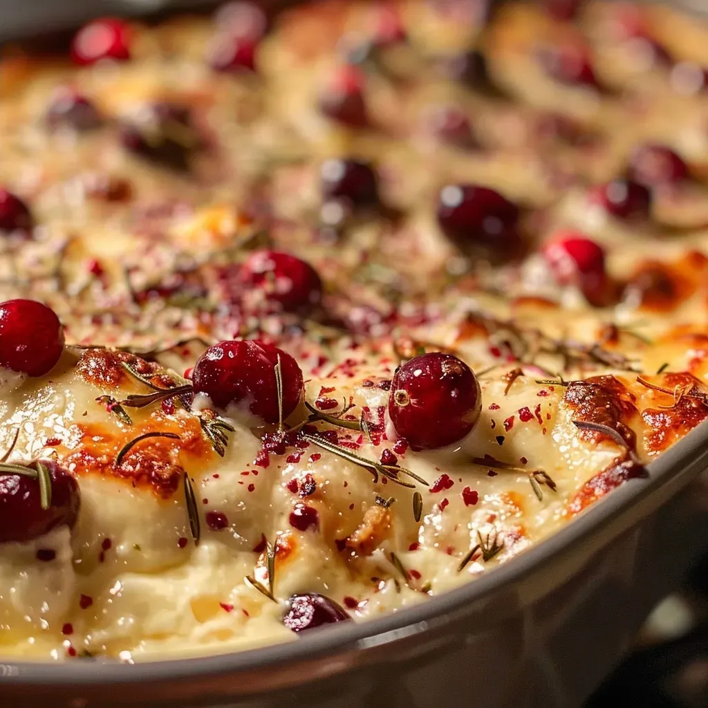 Side view of a cheesy Baked Cranberry Dip in a dish, showcasing its rich texture.