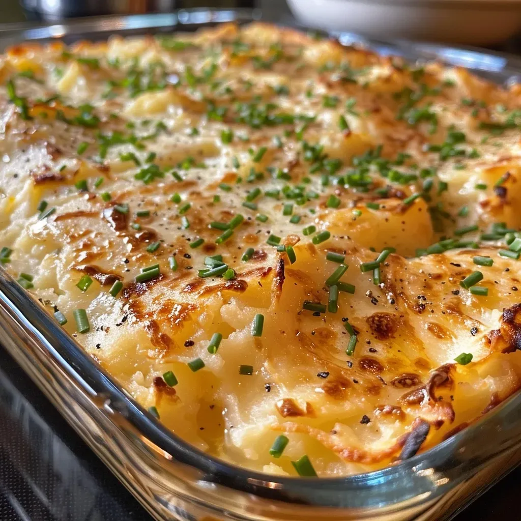 Side view of golden baked mashed potatoes topped with melted butter.