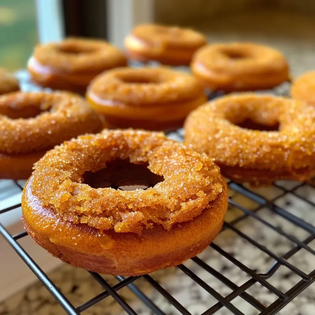 Side view of moist baked pumpkin donuts displayed on a wooden board.