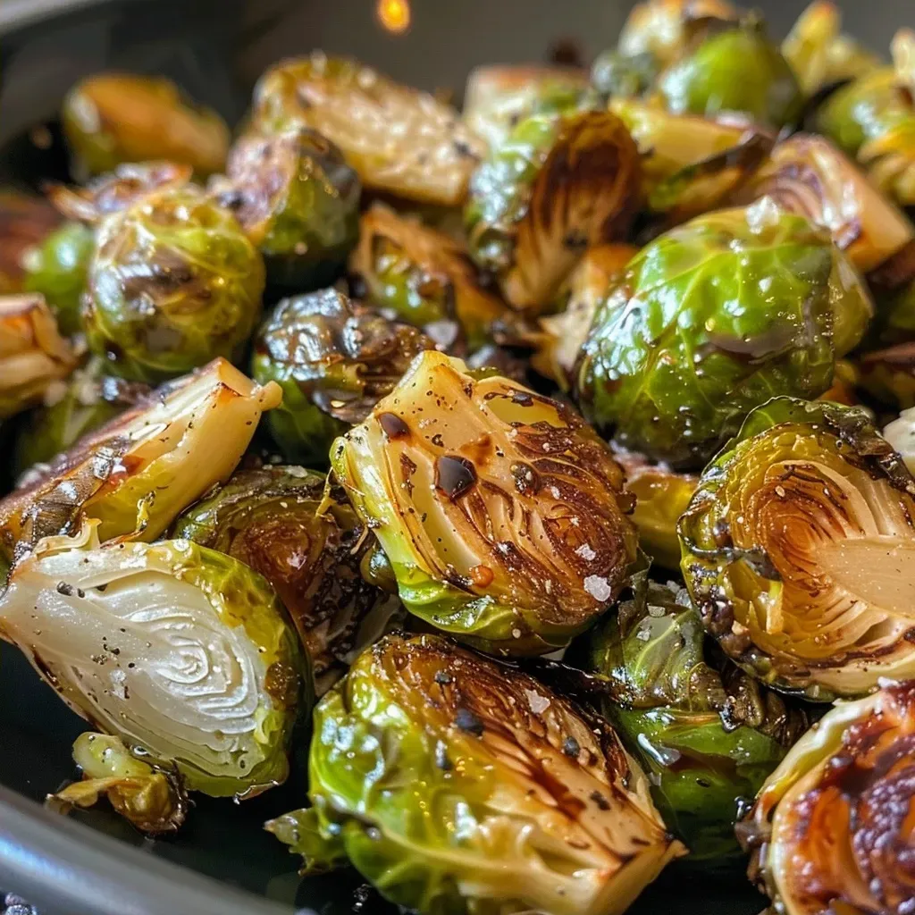 Side view of halved Brussels sprouts coated in balsamic sauce.