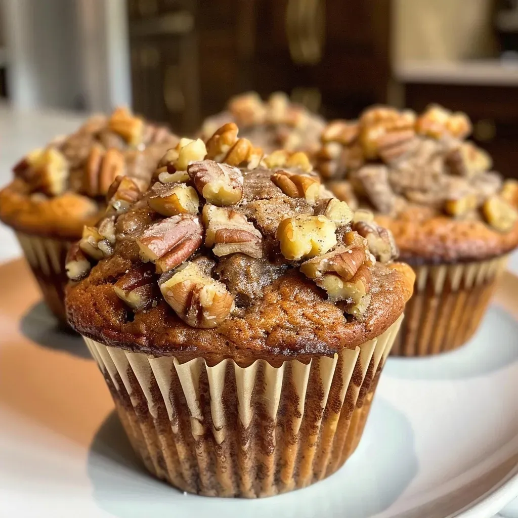 A detailed shot of freshly baked Banana Cinnamon Chip Muffins with visible chunks of banana and cinnamon chips.