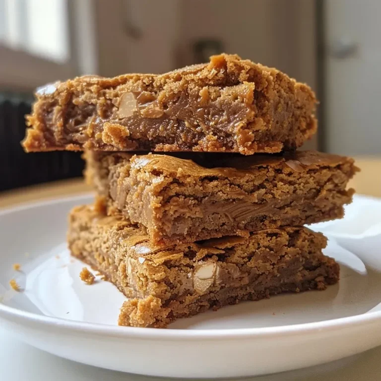 A Warm Embrace in Every Bite: Biscoff Blondies to Cherish Close-up of golden Biscoff Blondies with chocolate chips and cookie pieces.